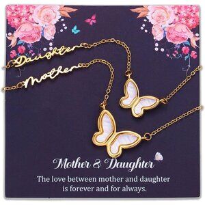 Mother Daughter Butterfly Shell Necklace Set - Hypoallergenic Stainless Steel, A